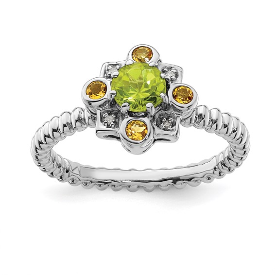 Sterling Silver Peridot Citrine Diamond Ring 