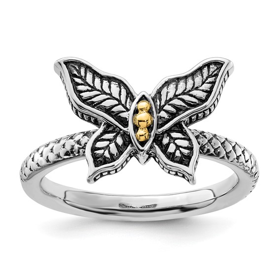 Sterling Silver & 14k Gold Butterfly Antiqued Ring