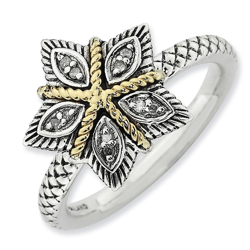 Sterling Silver & 14kt Gold Star Diamond Antiqued Stackable Ring