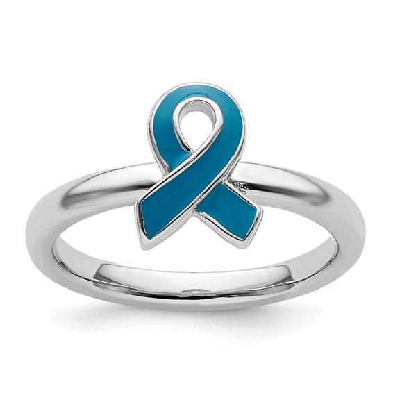 Sterling Silver Stackable Blue Enameled Awareness Ribbon Ring 
