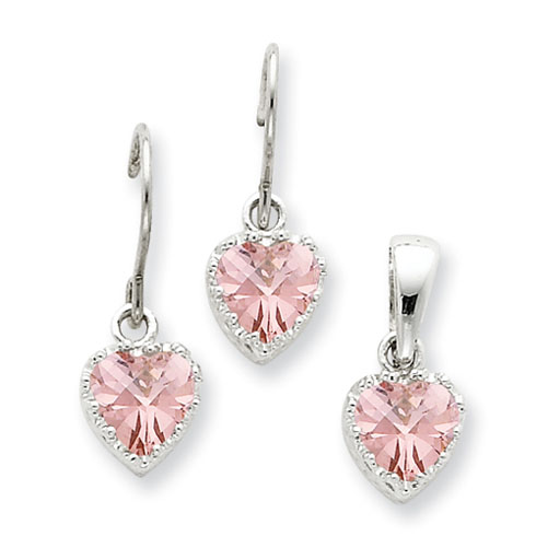 Sterling Silver Pink CZ Heart Earrings and Pendant Set