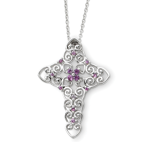 Sterling Silver June CZ Birthstone Message of the Cross 18in Necklace