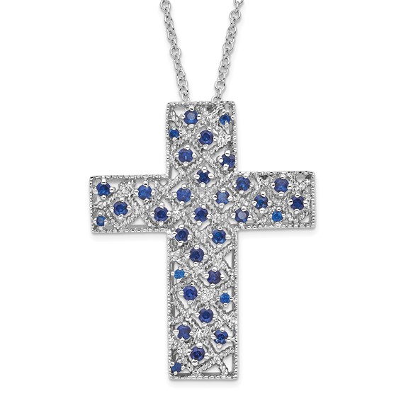 Sterling Silver Sept. CZ Birthstone Message of the Cross 18in Necklace