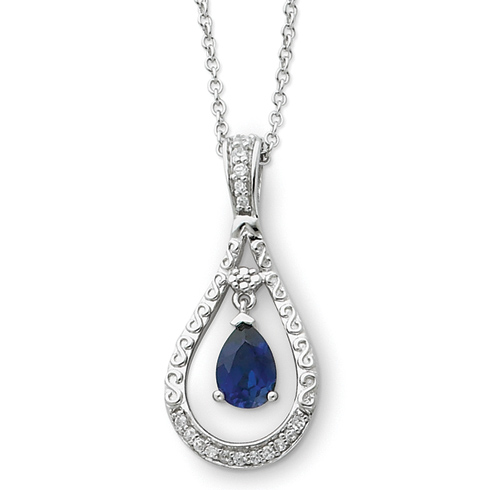Sterling Silver Created Sapphire Never Forget Tear Necklace