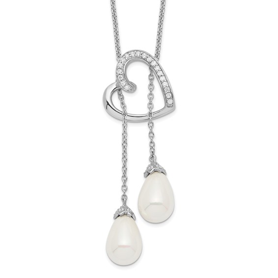 Sterling Silver Two Become One Heart Necklace Cultured Pearl & CZ