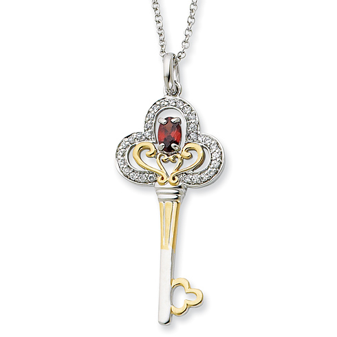 Gold-plated Sterling Silver January CZ Birthstone Key Necklace 18in