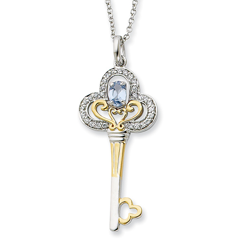 Sterling Silver & Gold-plated Mar. CZ Birthstone Key 18in Necklace