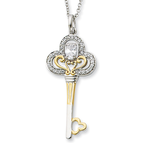 Gold-plated Sterling Silver 1in White CZ Key Necklace
