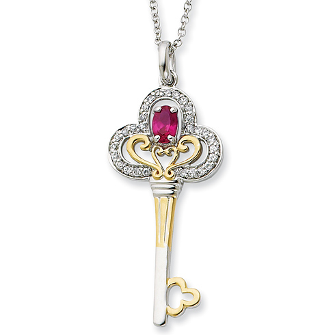 Sterling Silver & Gold-plated July CZ Birthstone Key 18in Necklace