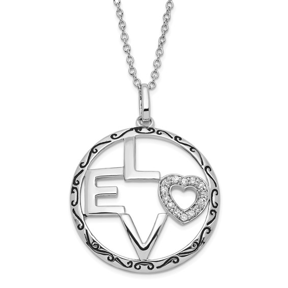 Love Necklace Round Sterling Silver with Heart CZs
