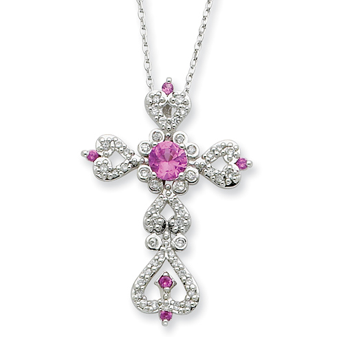 Sterling Silver Pink Sapphire White CZ Perfect Love Necklace 18in