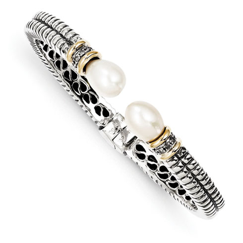 Sterling Silver Freshwater Cultured Pearl and Diamond Cuff Bangle