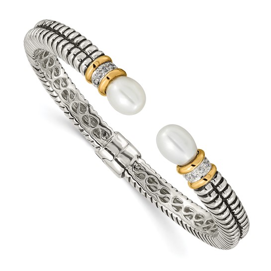 Sterling Silver Freshwater Cultured Pearl and Diamond Cuff Bangle Bracelet