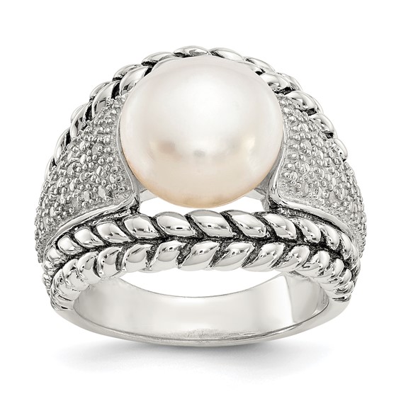 Sterling Silver Freshwater 11mm Pearl and Diamond Ring