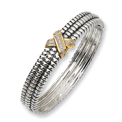Sterling Silver 1/20 CT Diamond Bangle with 14k Yellow Gold X