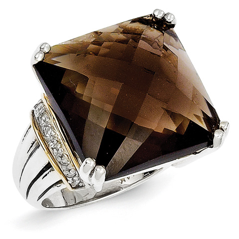 19.2 ct Square Smoky Quartz Ring and Diamonds Sterling Silver 14k Gold