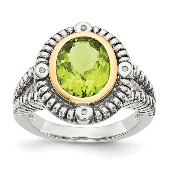 Sterling Silver 14k Gold 2.82 ct Oval Peridot and Diamond Ring Size 6