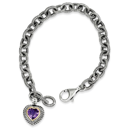 Silver 14k Gold Amethyst Heart Charm Textured Bracelet 7 1/2in