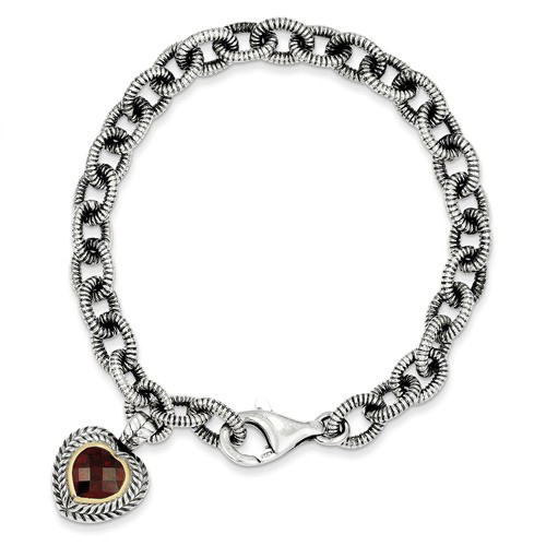 Sterling Silver 14kt Gold Garnet Heart Charm Textured Bracelet 7 1/2in