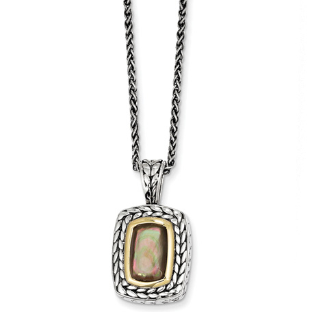 Sterling Silver Black Mother of Pearl Necklace with 14k Gold Bezel