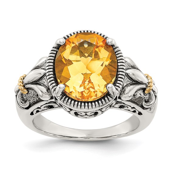 Sterling Silver 14k Yellow Gold 3.63 ct Oval Citrine Ring Fleur de Lis