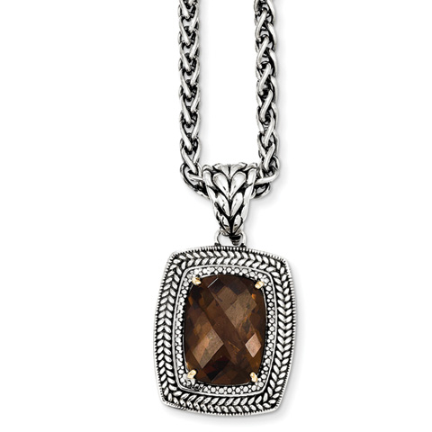 Sterling Silver 10.7 CT Smoky Quartz Checkerboard Cushion Necklace