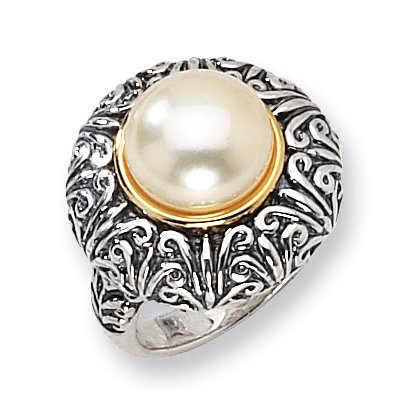 12mm White Pearl Ring Scroll Design Antiqued Sterling Silver