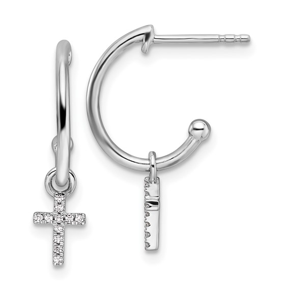 Sterling Silver Hoop Earrings With .06 ct tw Diamond Cross Accents