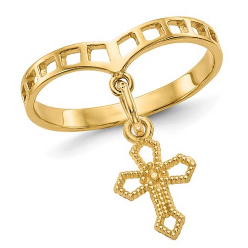 14k Yellow Gold Dangling Cross Ring