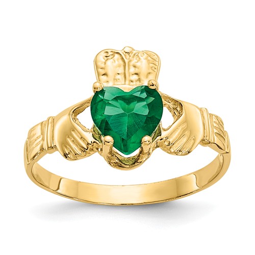 14kt Yellow Gold Claddagh Ring with 5mm Green Heart Cubic Zirconia