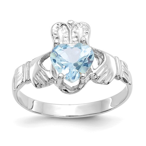 14k White Gold Claddagh Ring with Aquamarine Heart CZ