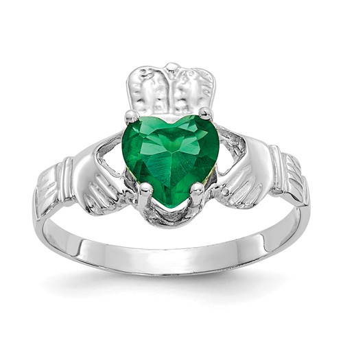 14kt White Gold Claddagh Ring with Green Heart CZ