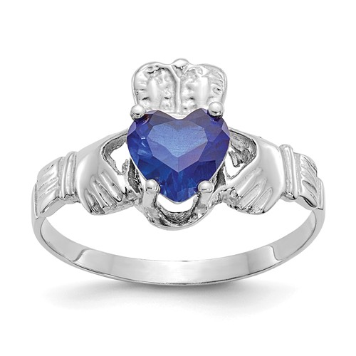14k White Gold Claddagh Ring with Sapphire Heart CZ