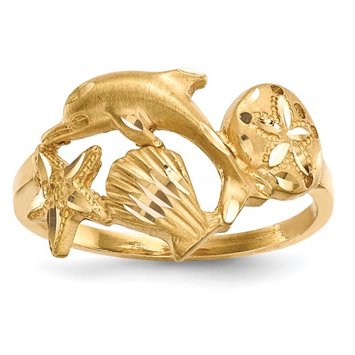 14k Yellow Gold Diamond-cut Dolphin Starfish Shell Sand Dollar Ring R597