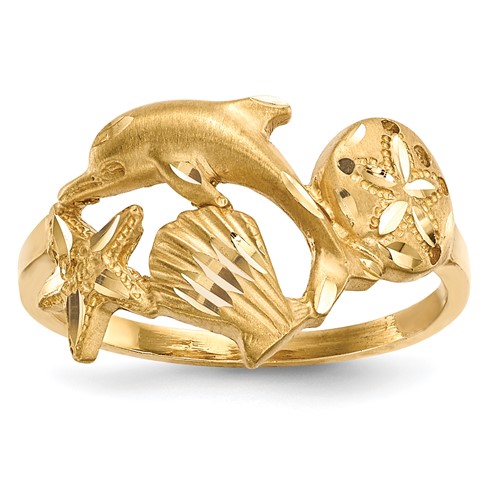 14k Yellow Gold Diamond-cut Dolphin Starfish Shell Sand Dollar Ring