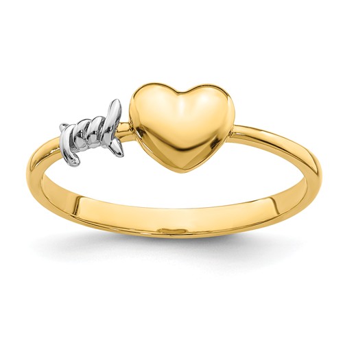 14k Yellow Gold with Rhodium Barbed Wire and Heart Ring