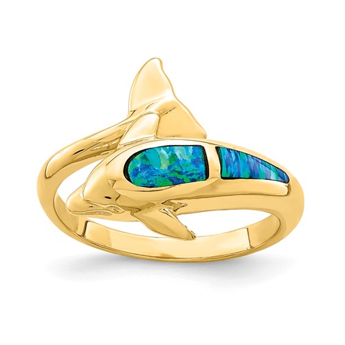 14k Yellow Gold Created Opal Dolphin Ring Size 7