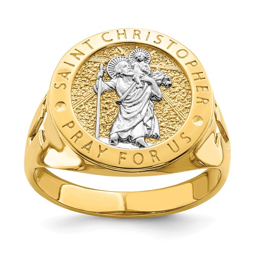 14k Yellow Gold with Rhodium Men's Saint Christopher Ring