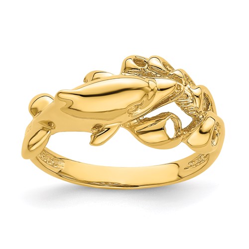 14k Yellow Gold Dolphin Swimming with Waves Ring R815 | Joy Jewelers