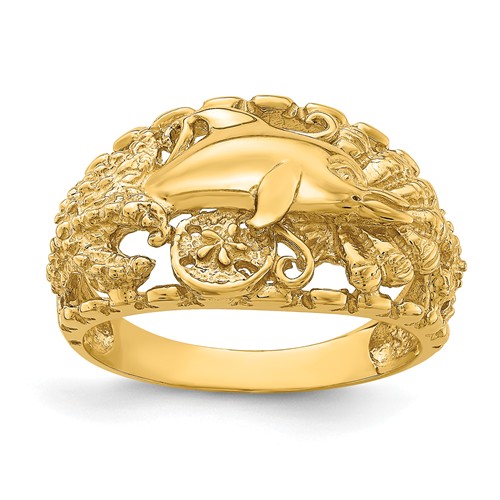 14k Yellow Gold Dolphin Starfish and Sand Dollar Ring