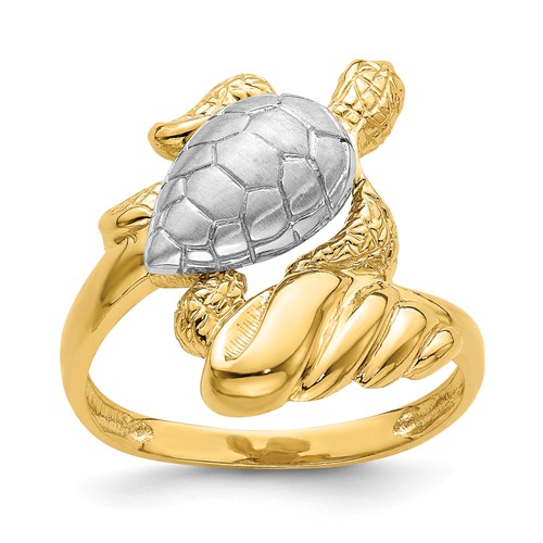 14k Yellow Gold and Rhodium Sea Turtle Ring