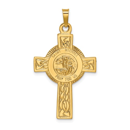 14k Yellow Gold Saint Michael Cross Pendant 1in