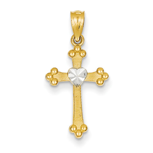 14kt Gold Rhodium 5/8in Budded Cross Heart Charm