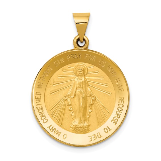 14k Yellow Gold Round Hollow Miraculous Medal Pendant 7/8in