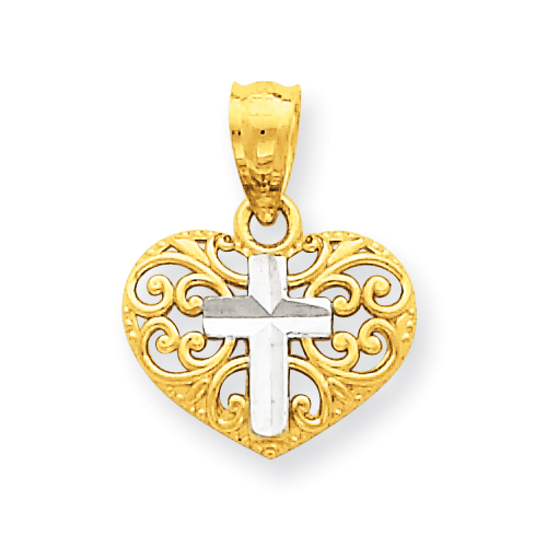 14kt Yellow Gold & Rhodium 3/8in Cross in Heart Charm
