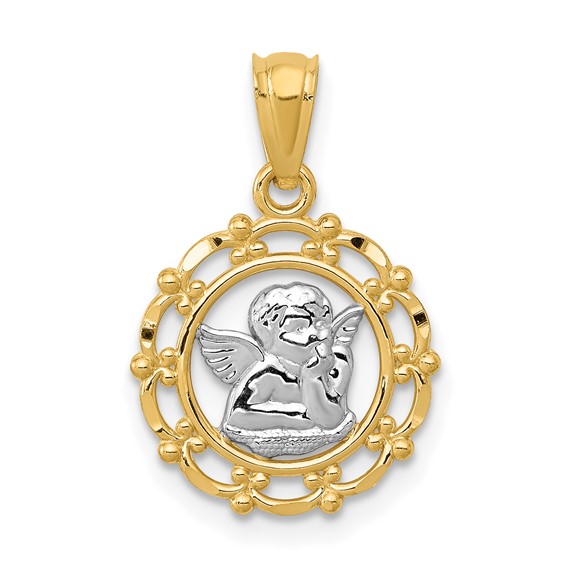 14kt Yellow Gold & Rhodium 1/2in Framed Cherub Pendant
