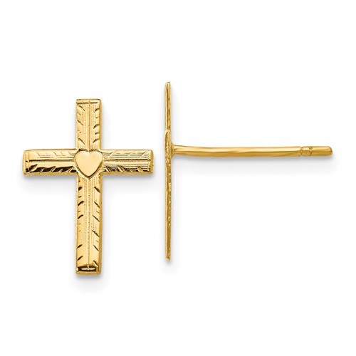 14kt Yellow Gold 1/2in Satin Heart Cross Earrings