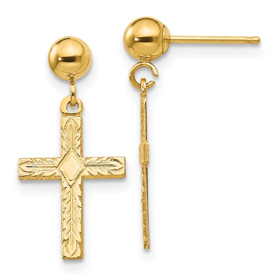 14k Yellow Gold Cross Ball Dangle Earrings 3/4in