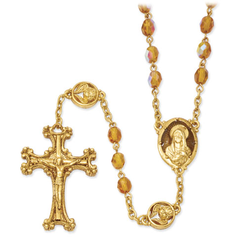Gold-tone 30in Yellow Crystal and Enamel Rosary Necklace RF177