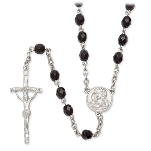 Silver-tone 29in Black Crystal Crucifix Rosary Necklace